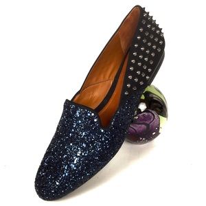 Glistening blue & stud black Schultz flats size 10